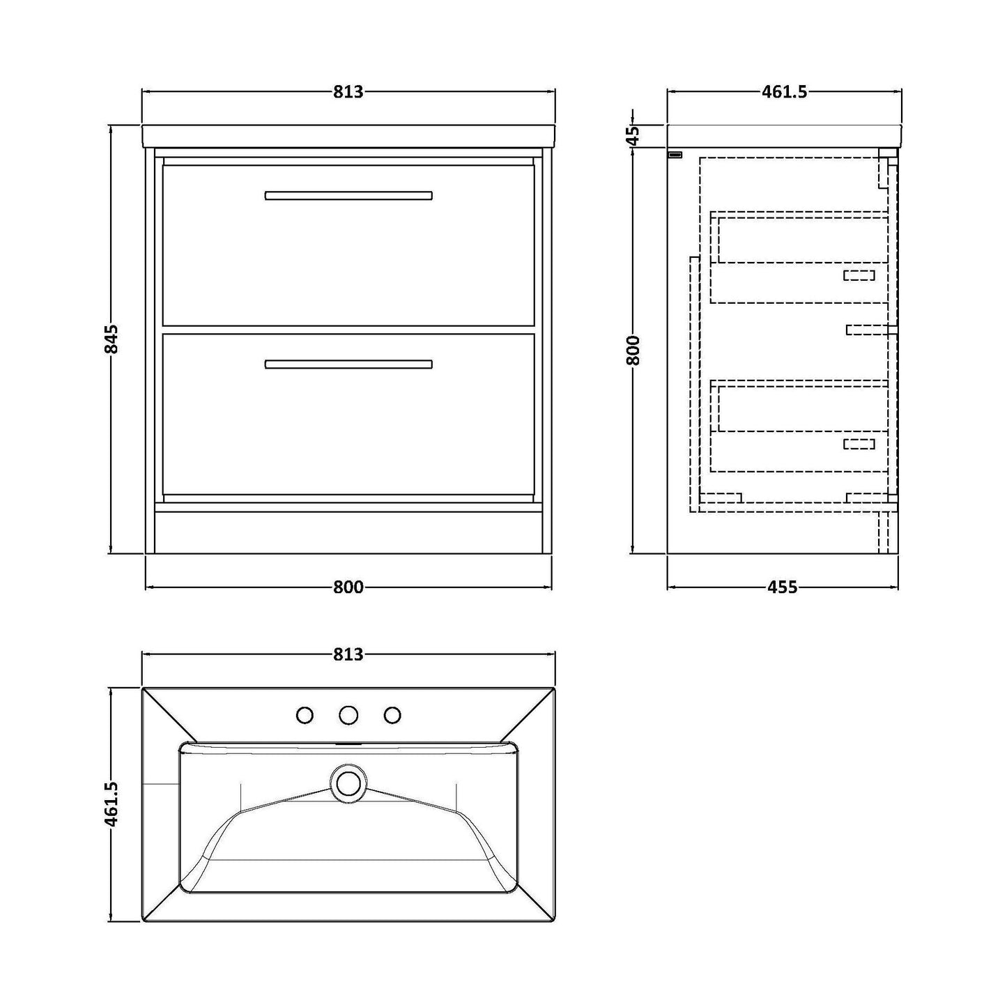 [BFLL3135M] Balterley Modern Bathroom 2 Soft Close Drawer Floor Standing Vanity Unit Fireclay Basin, Fern Green, 800mm - Technical Drawing