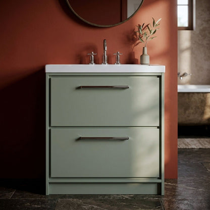 [BFLL3135M] Balterley Modern Bathroom 2 Soft Close Drawer Floor Standing Vanity Unit Fireclay Basin, Fern Green, 800mm - Silo