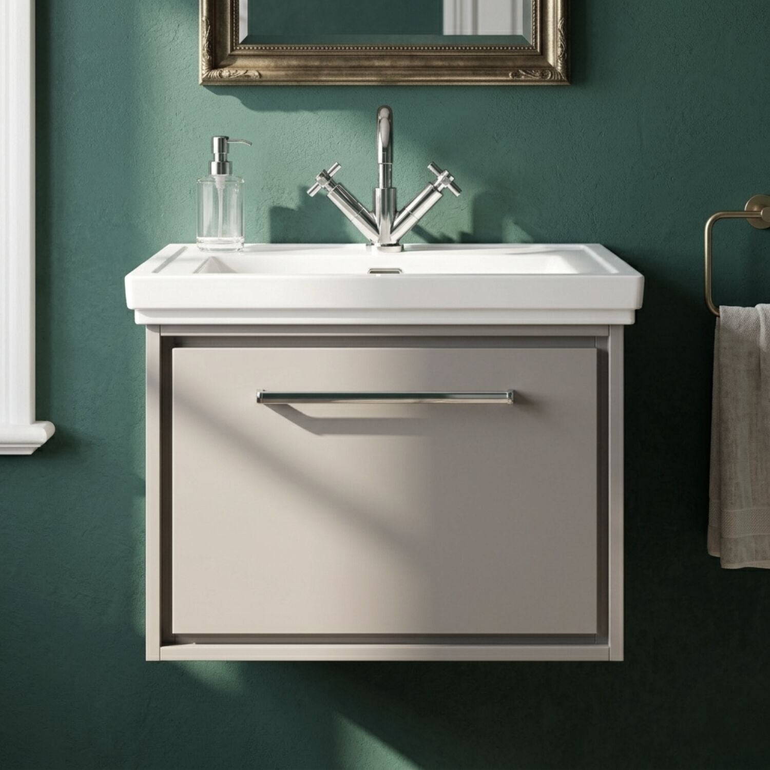 [BFLL3222A] Longnor Single Drawer Wall Hung Vanity Basin Unit with 1 Tap Hole Traditional Fireclay Basin, Choice of Colour and Size - Silo