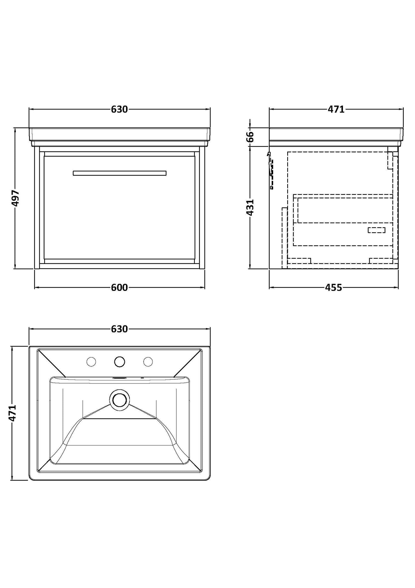 [BFLL3222B] Longnor Single Drawer Wall Hung Vanity Basin Unit with 3 Tap Hole Traditional Fireclay Basin, Choice of Size and Colour - Line Drawing