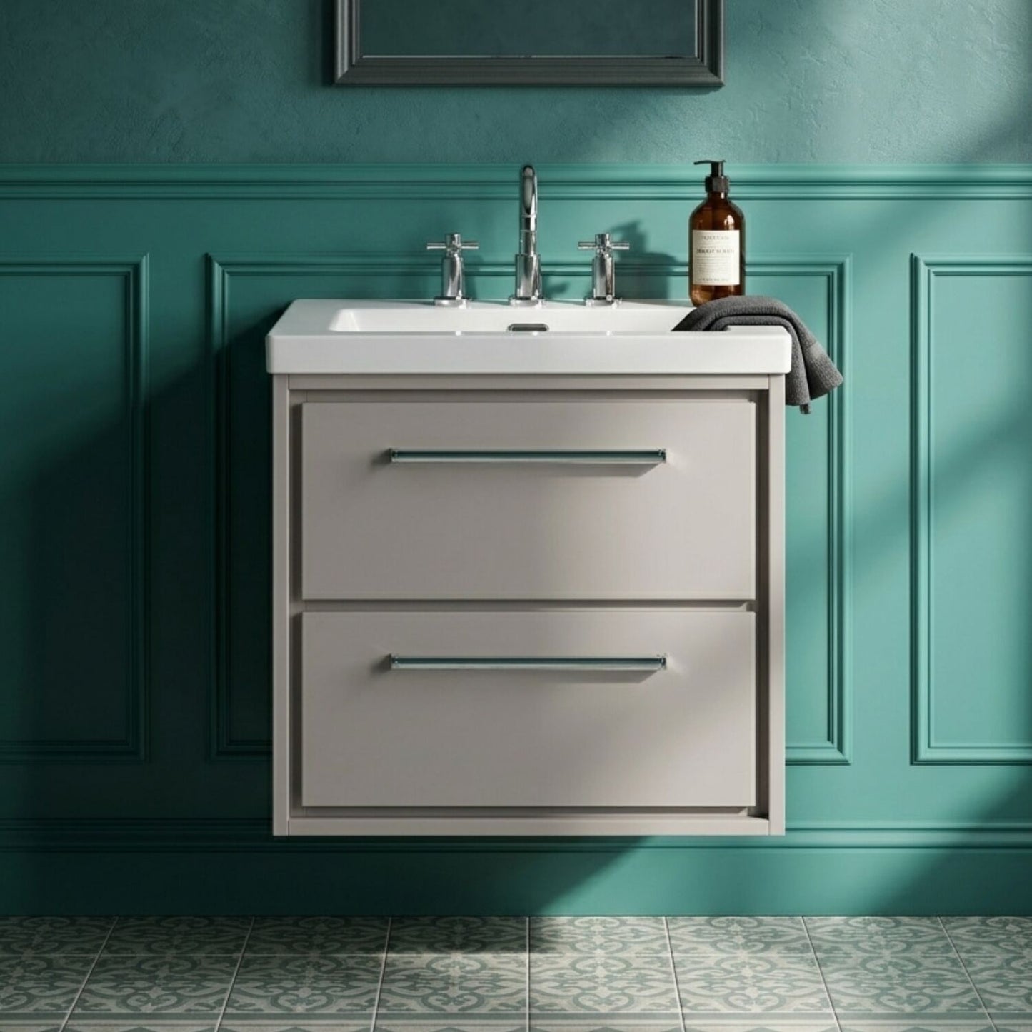 [BFLL3224M] Longnor Modern 2 Drawer Wall Hung Vanity Basin Unit with Modern Fireclay Sink, Choice of Size and Colour - Silo