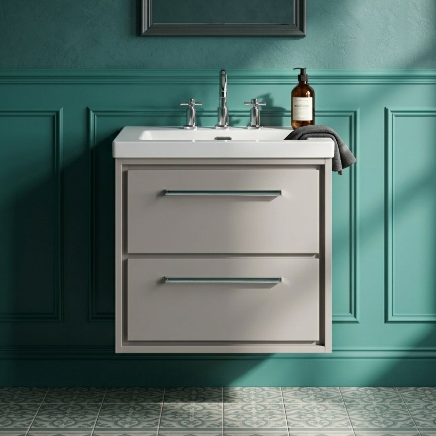 [BFLL3224M] Longnor Modern 2 Drawer Wall Hung Vanity Basin Unit with Modern Fireclay Sink, Choice of Size and Colour - Silo