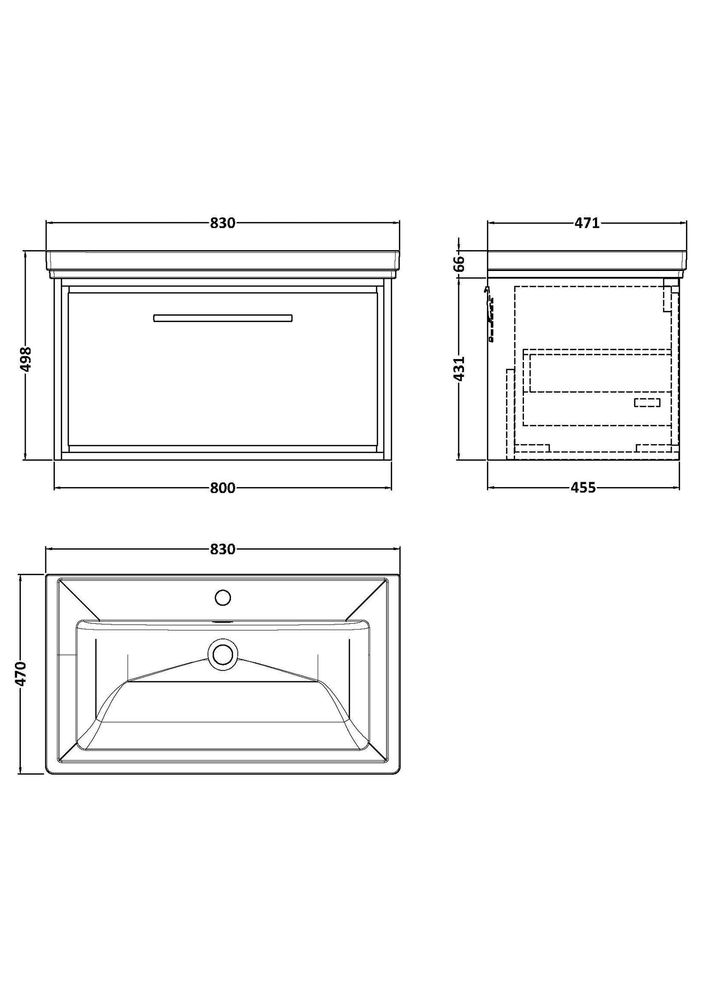 [BFLL3225A] Longnor Single Drawer Wall Hung Vanity Basin Unit with 1 Tap Hole Traditional Fireclay Basin, Choice of Colour and Size - Line Drawing