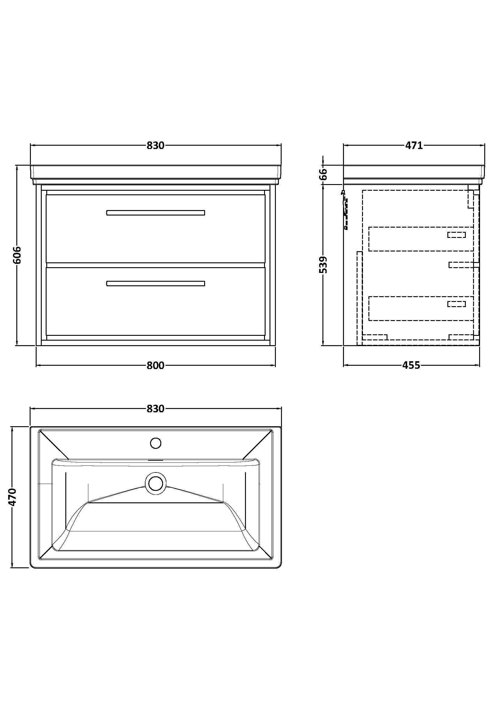 [BFLL3226A] Longnor 2 Drawer Wall Hung Vanity Basin Unit with 1 Tap Hole Traditional Fireclay Basin, Choice of Size and Colour - Line Drawing