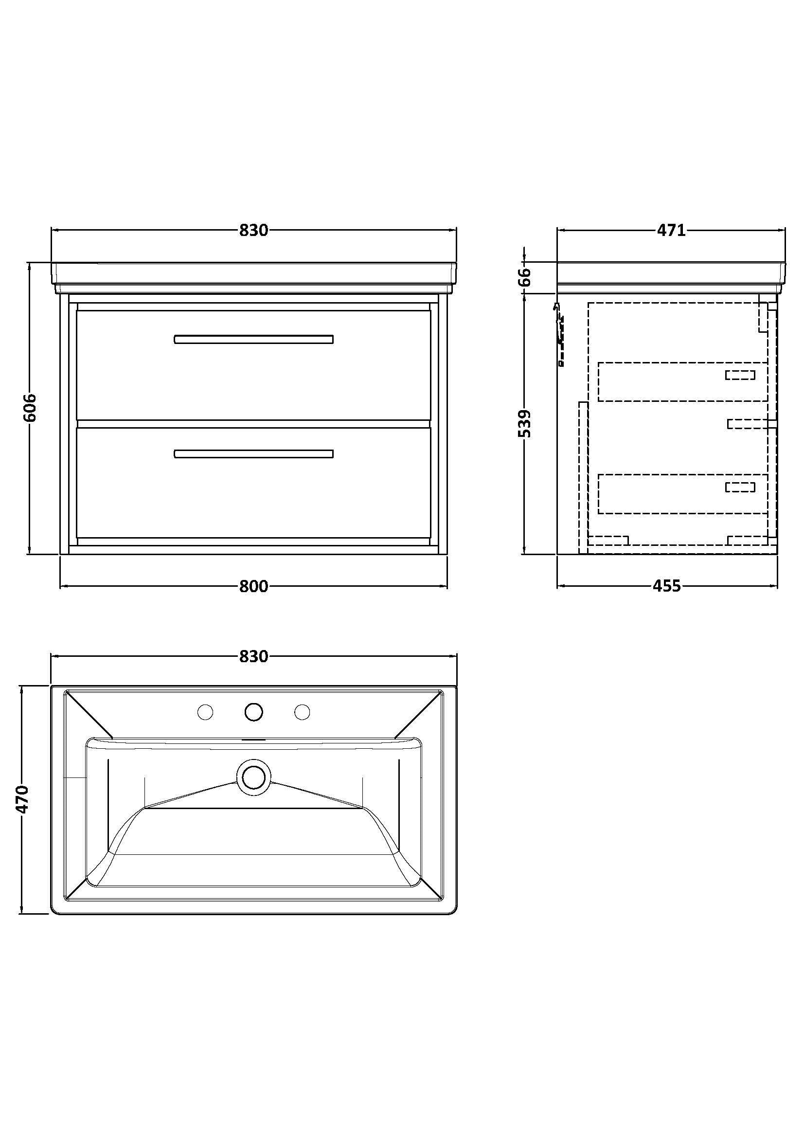 [BFLL3226B] Longnor 2 Drawer Wall Hung Vanity Basin Unit with 3 Tap Hole Traditional Fireclay Basin, Choice of Size and Colour - Line Drawing