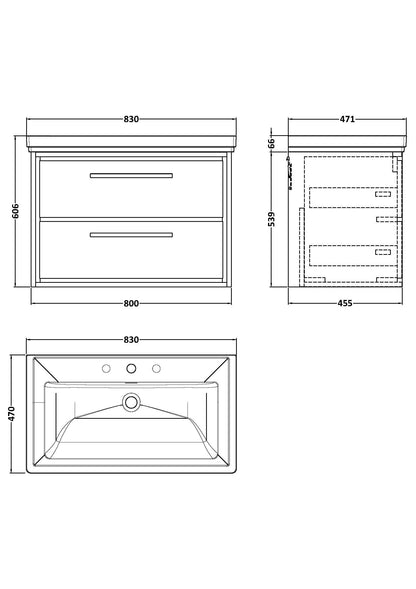[BFLL3226B] Longnor 2 Drawer Wall Hung Vanity Basin Unit with 3 Tap Hole Traditional Fireclay Basin, Choice of Size and Colour - Line Drawing