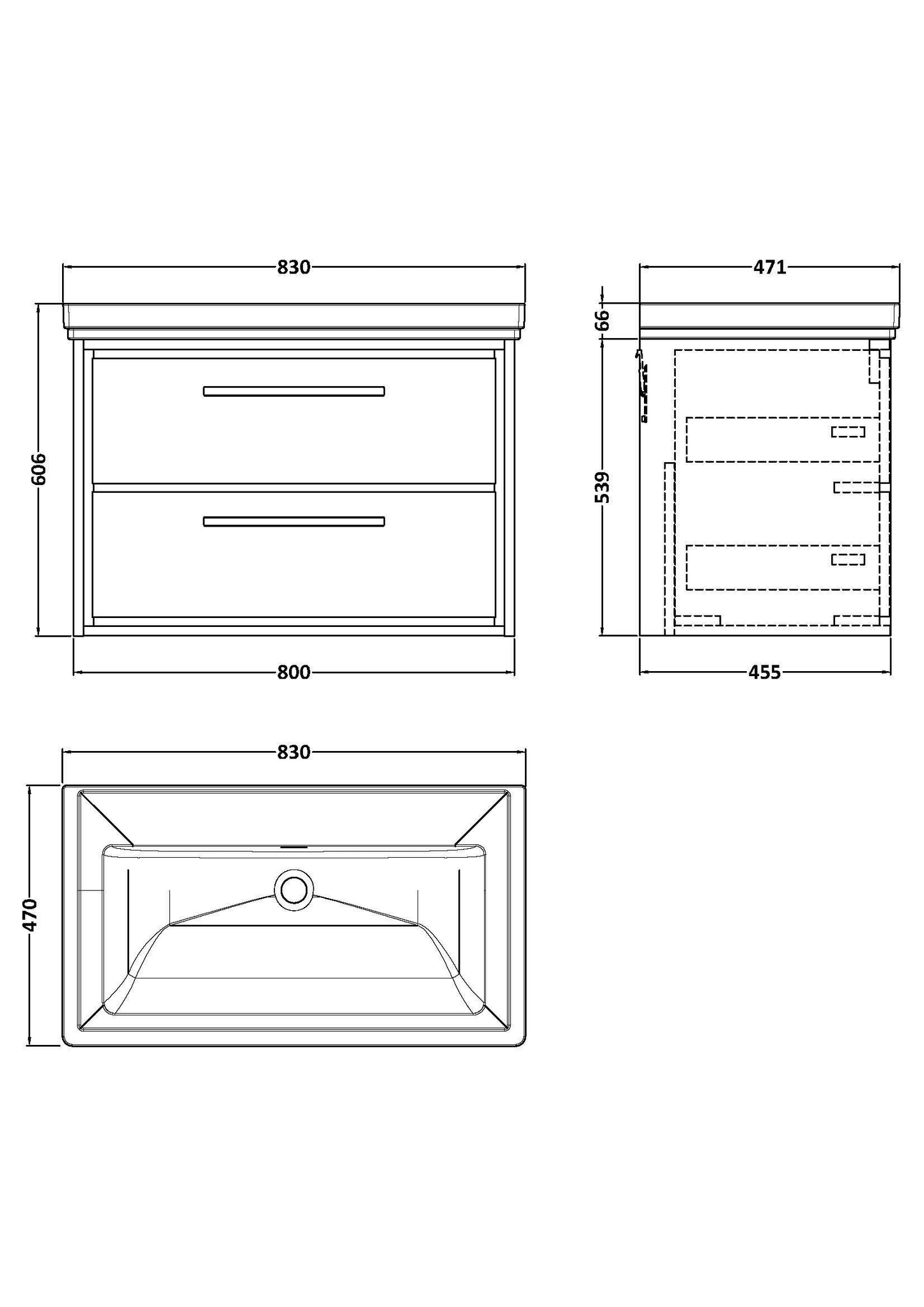 [BFLL3226H] Longnor 2 Drawer Wall Hung Vanity Basin Unit with 0 Tap Hole Traditional Fireclay Basin, Choice of Size and Colour - Line Drawing