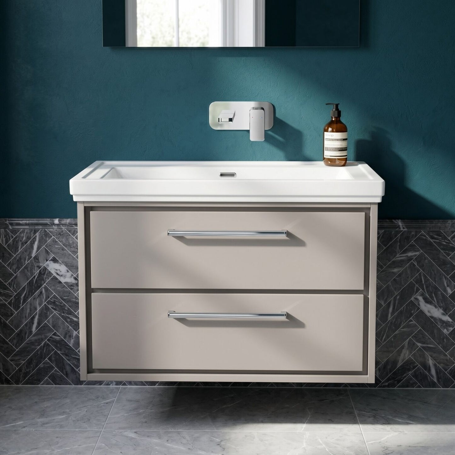 [BFLL3226H] Longnor 2 Drawer Wall Hung Vanity Basin Unit with 0 Tap Hole Traditional Fireclay Basin, Choice of Size and Colour - Silo