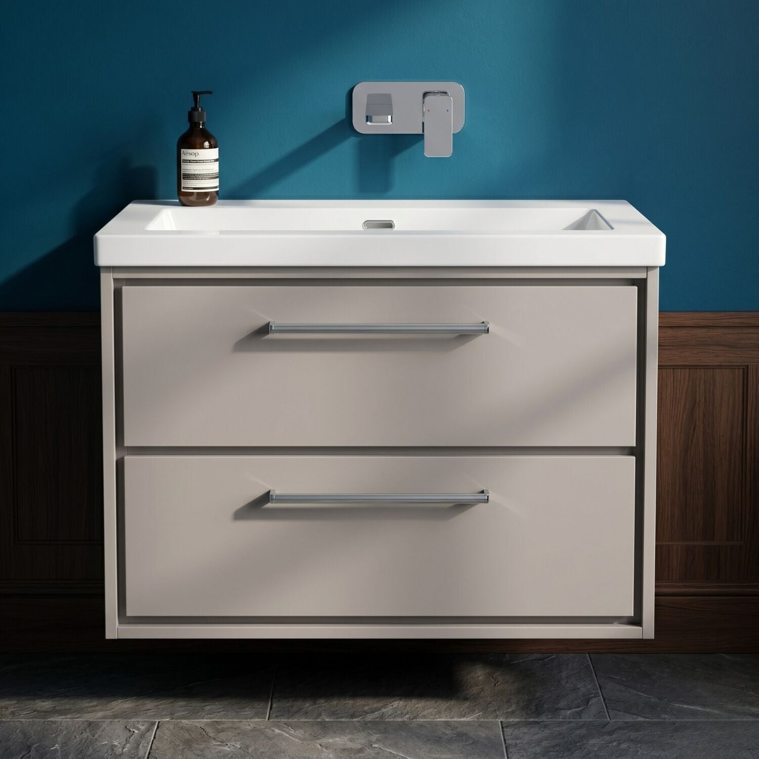 [BFLL3226K] Longnor Modern 2 Drawer Wall Hung Vanity Basin Unit with Modern Fireclay Sink, Choice of Size and Colour - Silo