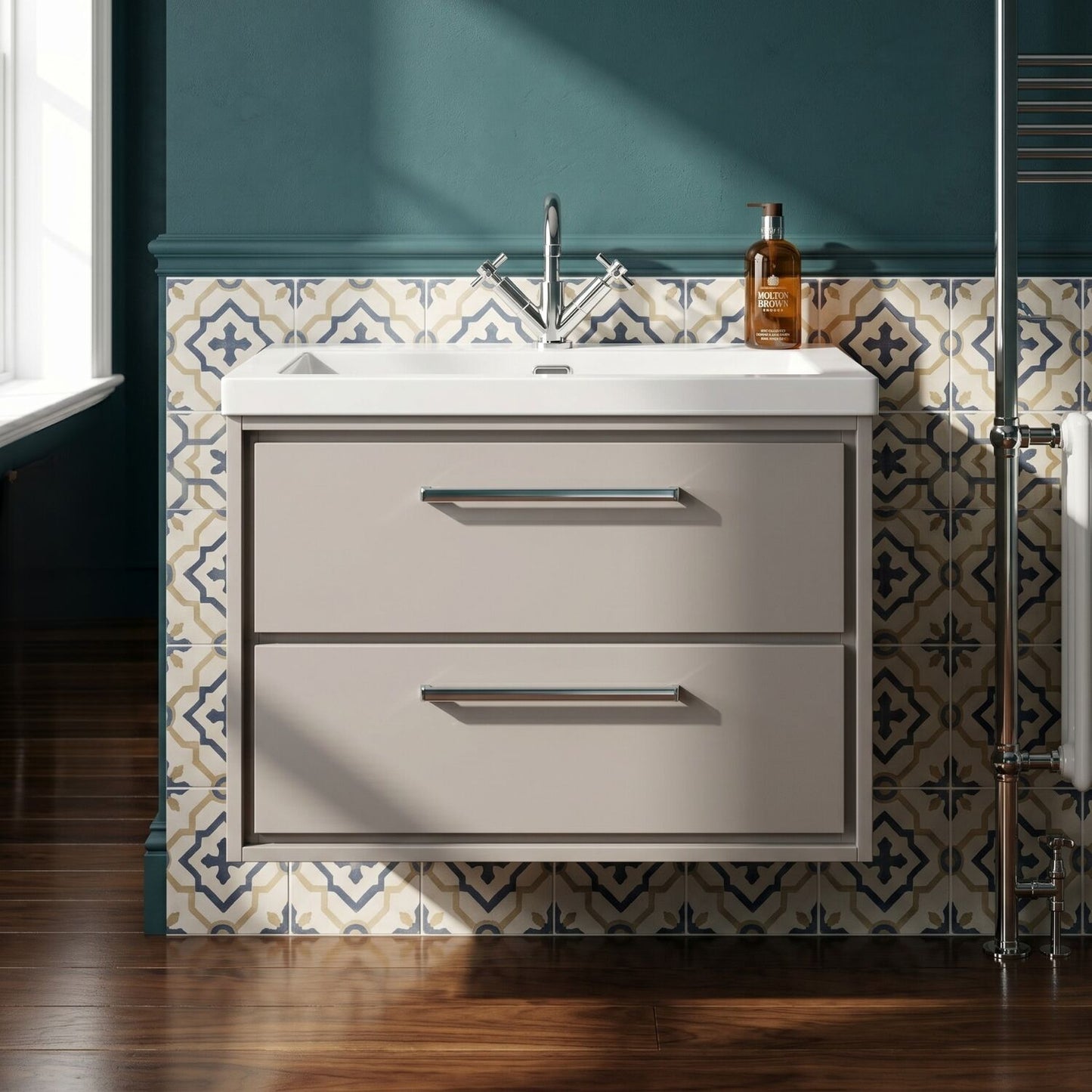 [BFLL3226L] Longnor Modern 2 Drawer Wall Hung Vanity Basin Unit with Modern Fireclay Sink, Choice of Size and Colour - Silo