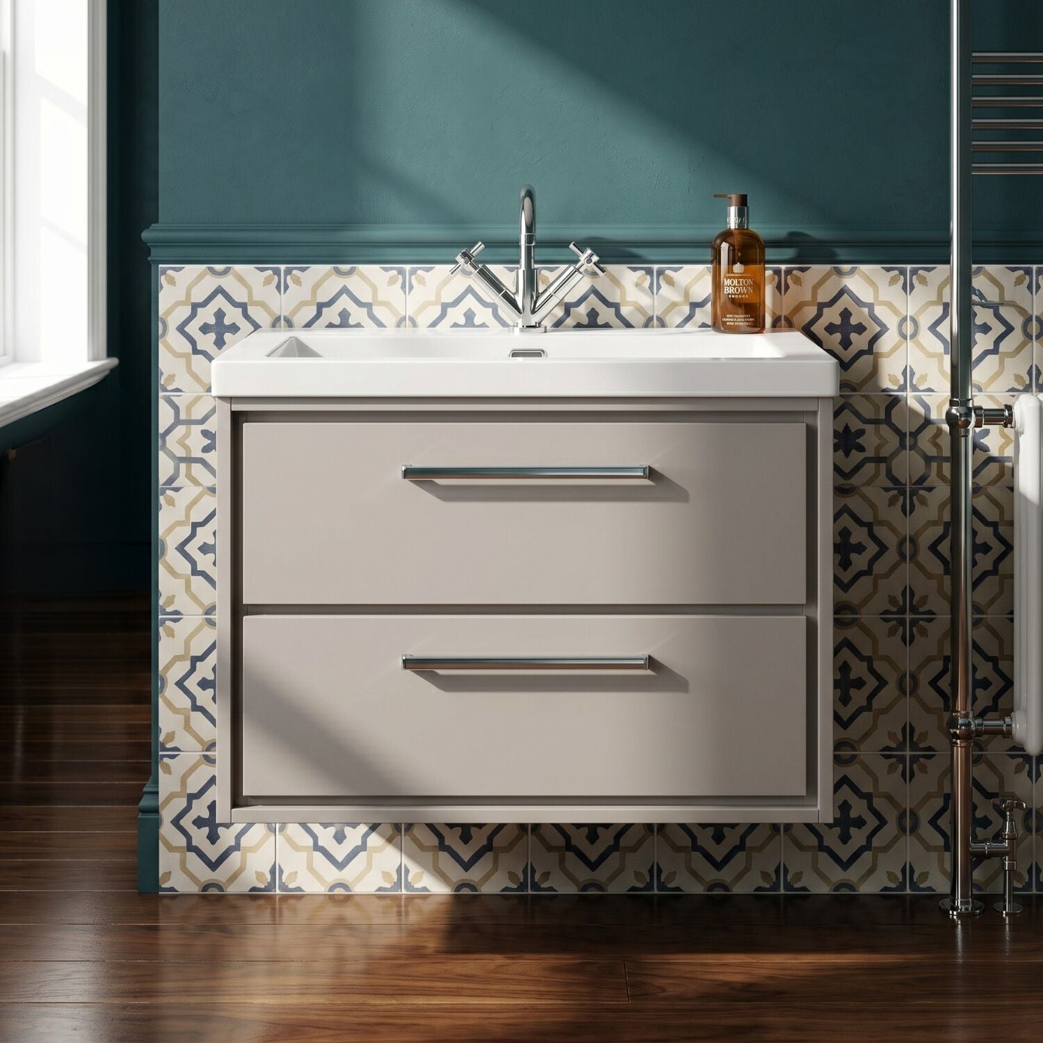 [BFLL3226L] Longnor Modern 2 Drawer Wall Hung Vanity Basin Unit with Modern Fireclay Sink, Choice of Size and Colour - Silo