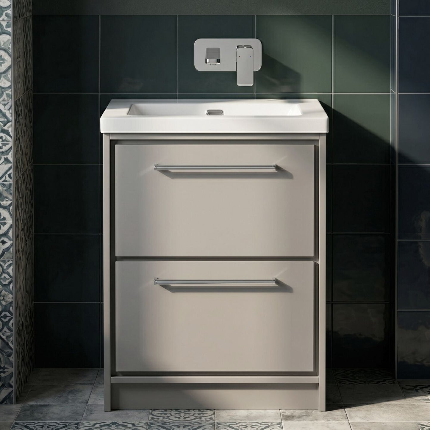[BFLL3233K] Balterley Modern Bathroom 2 Soft-Close Drawer Floor Standing Vanity Unit Fireclay Basin, Pebble Grey, 600mm - Silo