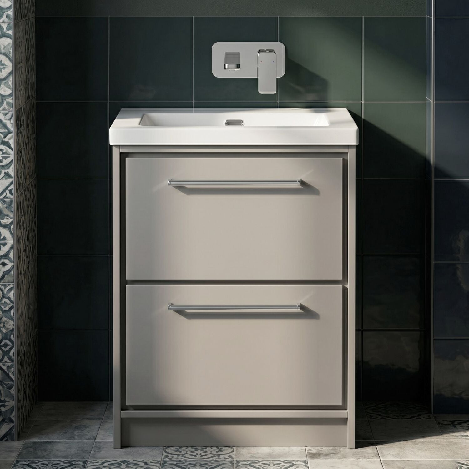 [BFLL3233K] Balterley Modern Bathroom 2 Soft-Close Drawer Floor Standing Vanity Unit Fireclay Basin, Pebble Grey, 600mm - Silo
