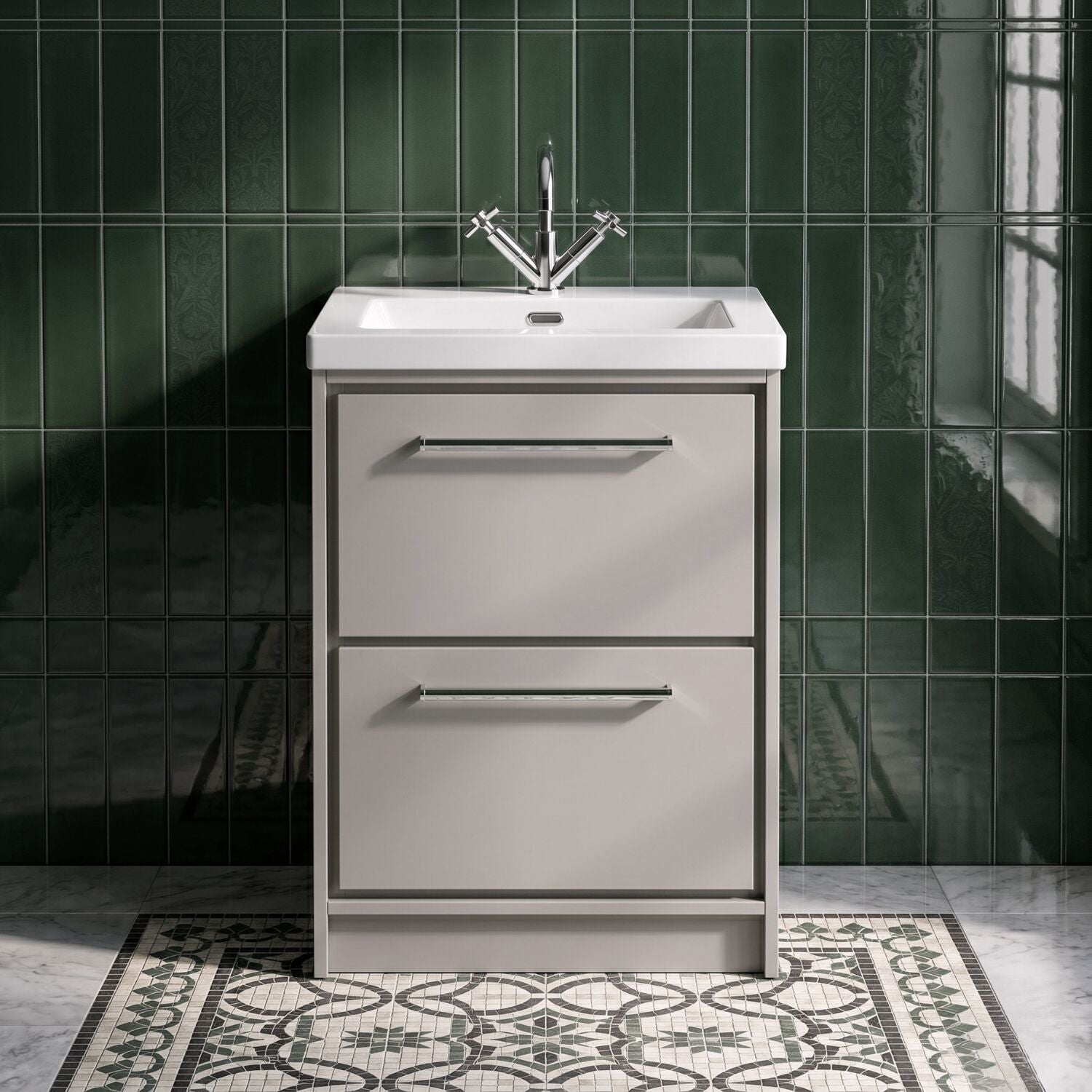 [BFLL3233L] Balterley Modern Bathroom Floor Standing 2 Soft-Close Drawer Vanity Fireclay Basin, Pebble Grey, 600mm - Silo