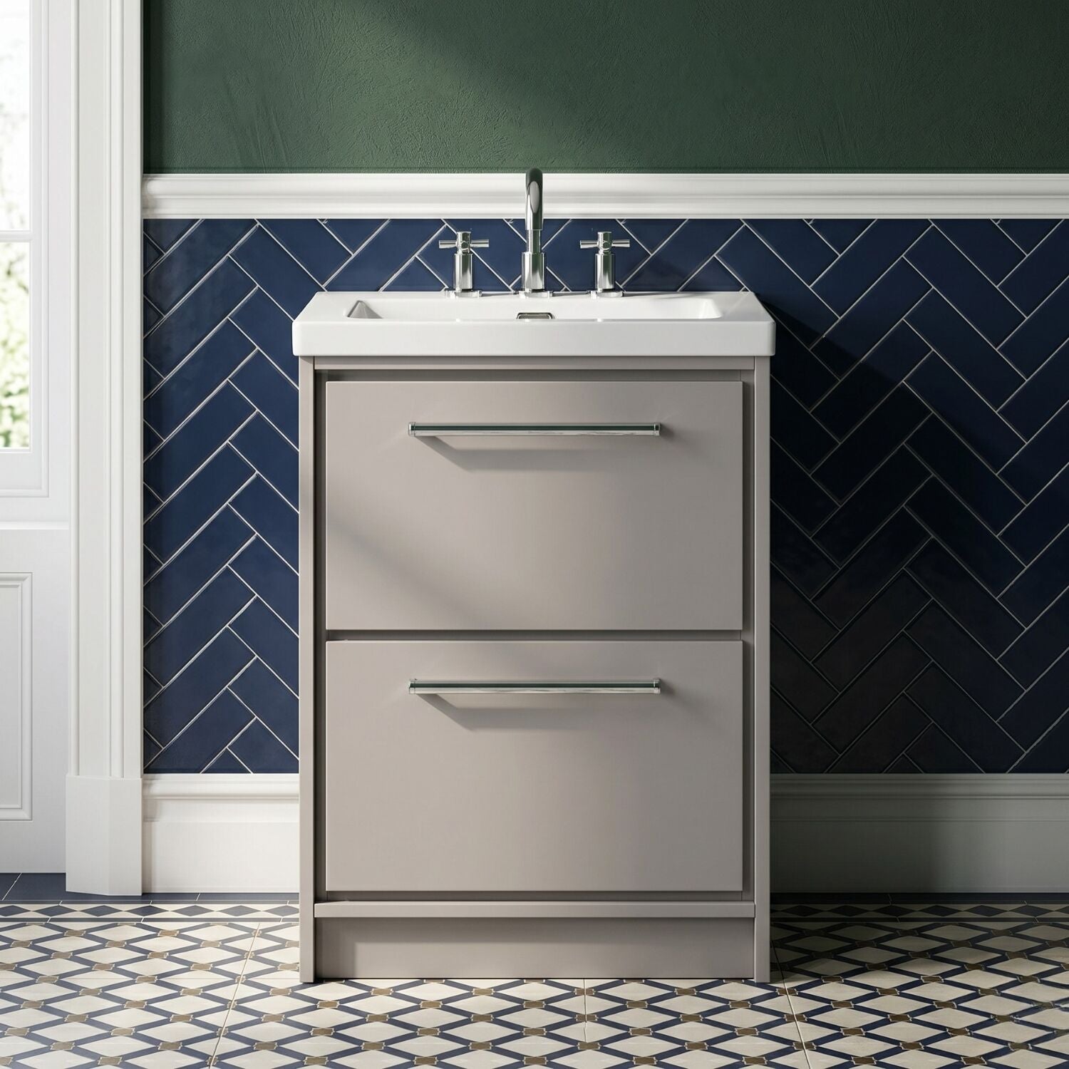 [BFLL3233M] Balterley Modern Bathroom 2 Soft Close Drawer Floor Standing Vanity Unit Fireclay Basin, Pebble Grey, 600mm - Silo