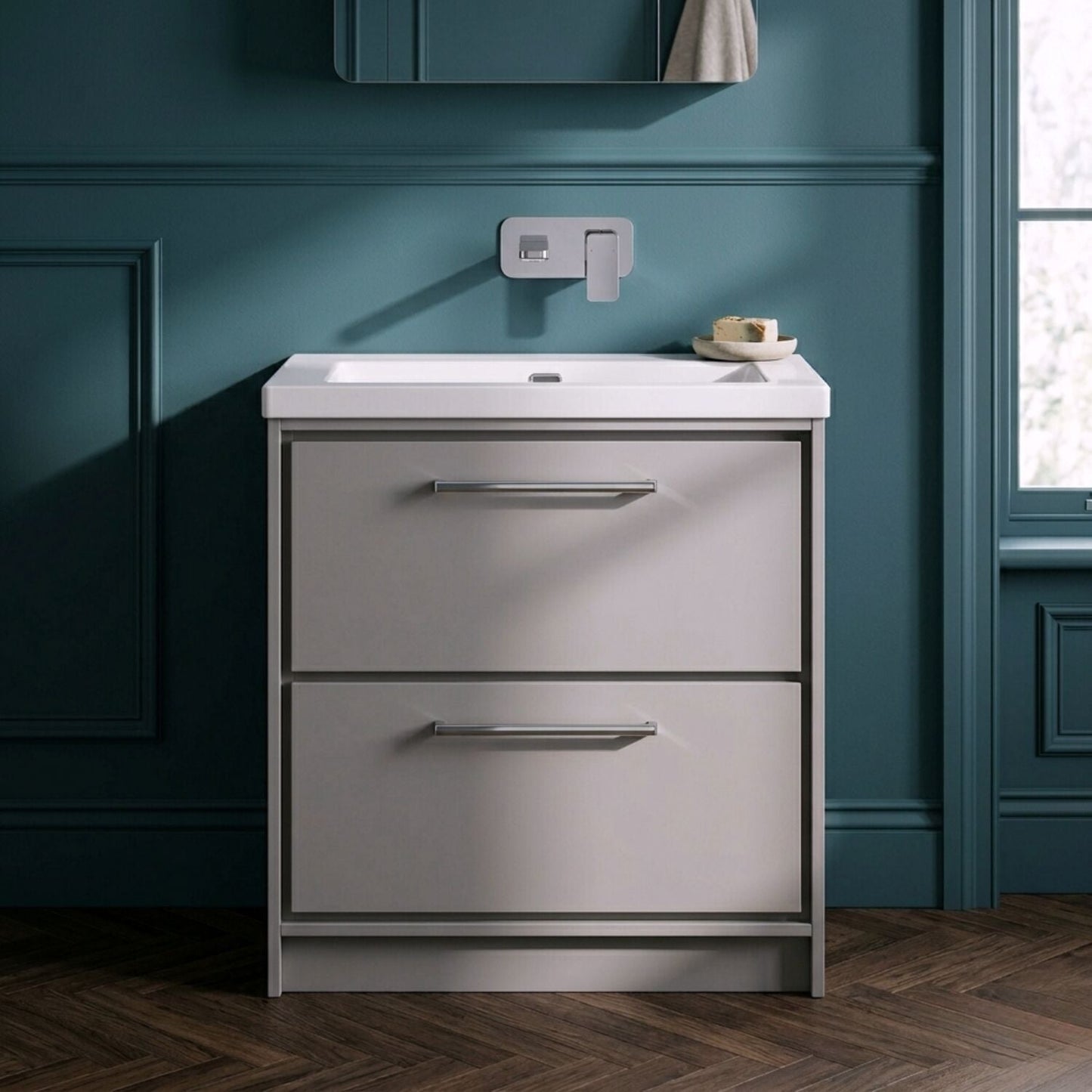 [BFLL3235K] Balterley Modern Bathroom 2 Soft-Close Drawer Floor Standing Vanity Unit Fireclay Basin, Pebble Grey, 800mm - Silo