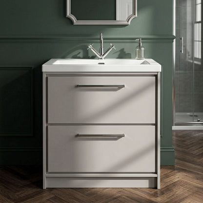 [BFLL3235L] Balterley Modern Bathroom Floor Standing 2 Soft-Close Drawer Vanity Fireclay Basin, Pebble Grey, 800mm - Silo