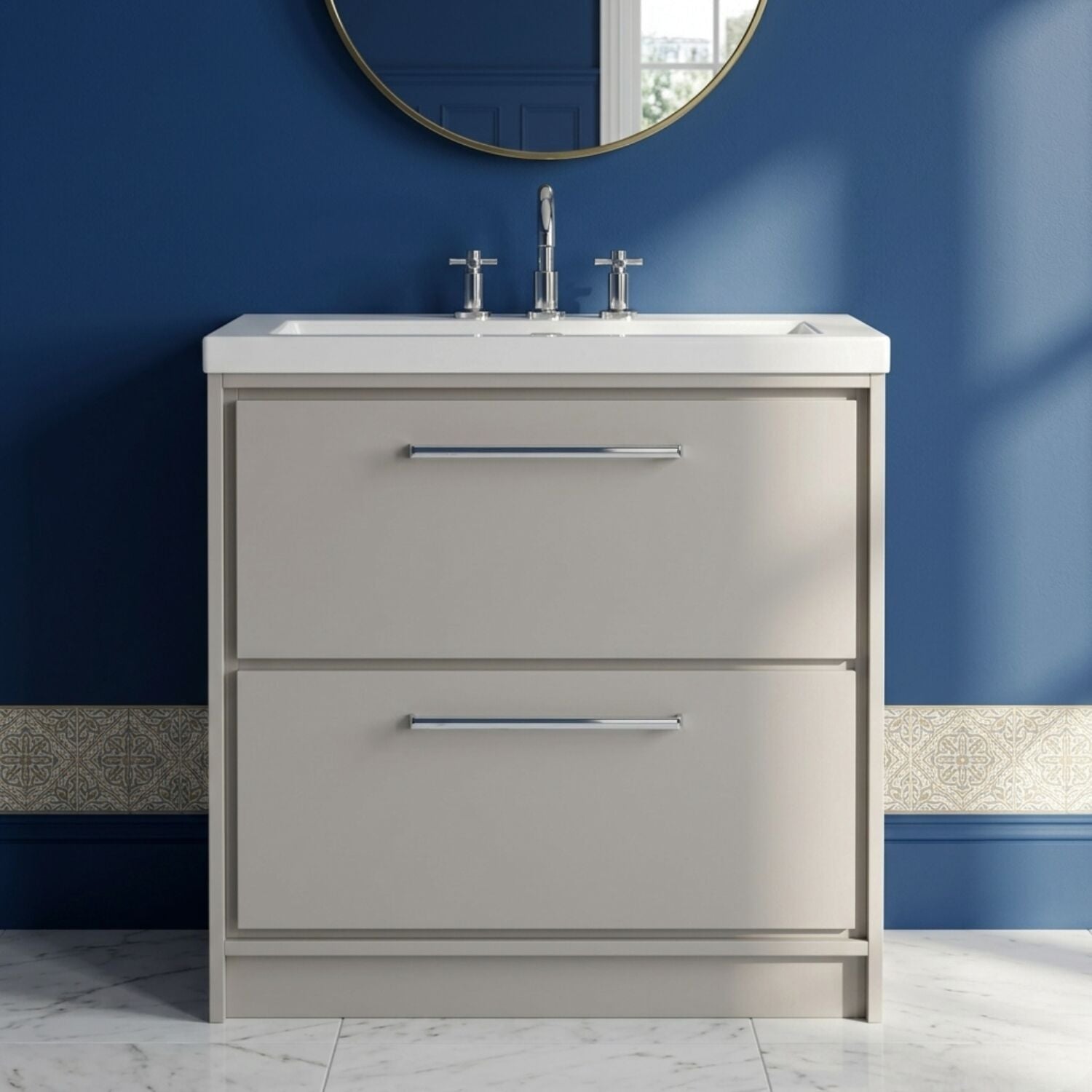 [BFLL3235M] Balterley Modern Bathroom 2 Soft Close Drawer Floor Standing Vanity Unit Fireclay Basin, Pebble Grey, 800mm - Silo