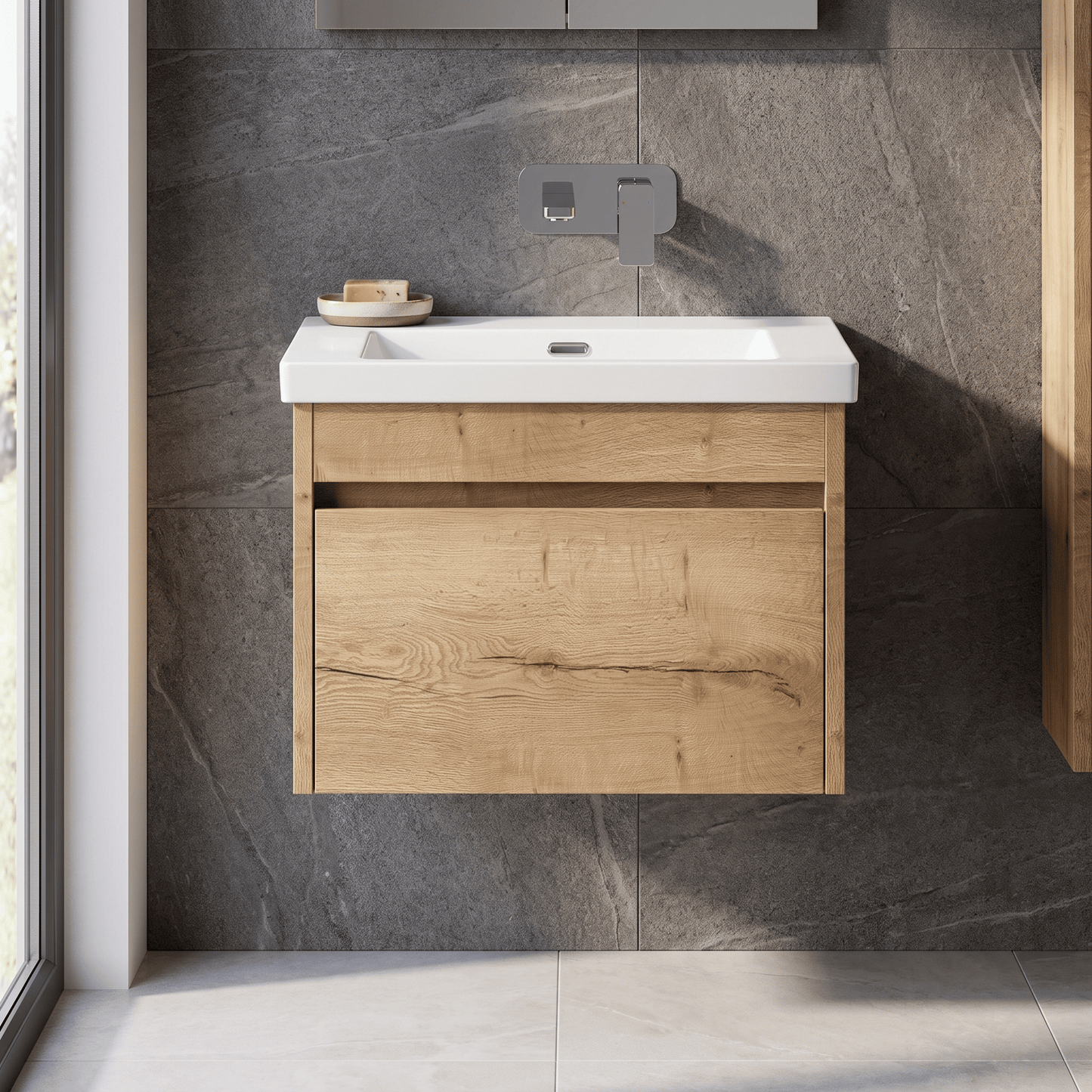 [BFLW1894K] Swainsley Contemporary Wall Hung 1 Drawer Vanity Unit with 0 Tap Hole Fireclay Basin - Choice of Size and Colour - Silo