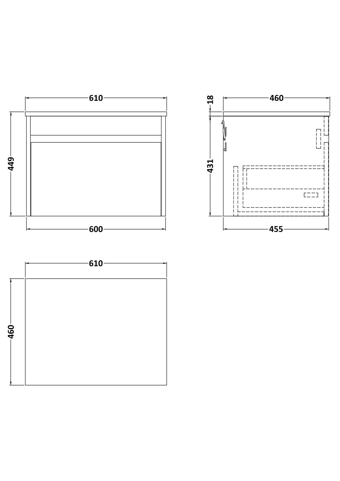 [BFLW1894WMT] Swainsley Contemporary Wall Hung 1 Drawer Vanity Unit with White Marble Top - Choice of Size and Colour - Technical Drawing
