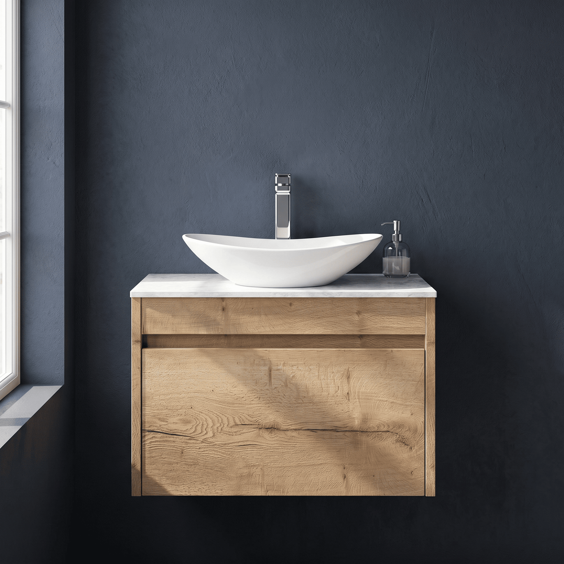 [BFLW1894WMT] Swainsley Contemporary Wall Hung 1 Drawer Vanity Unit with White Marble Top - Choice of Size and Colour - Silo