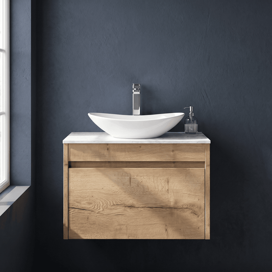 [BFLW1894WMT] Swainsley Contemporary Wall Hung 1 Drawer Vanity Unit with White Marble Top - Choice of Size and Colour - Silo