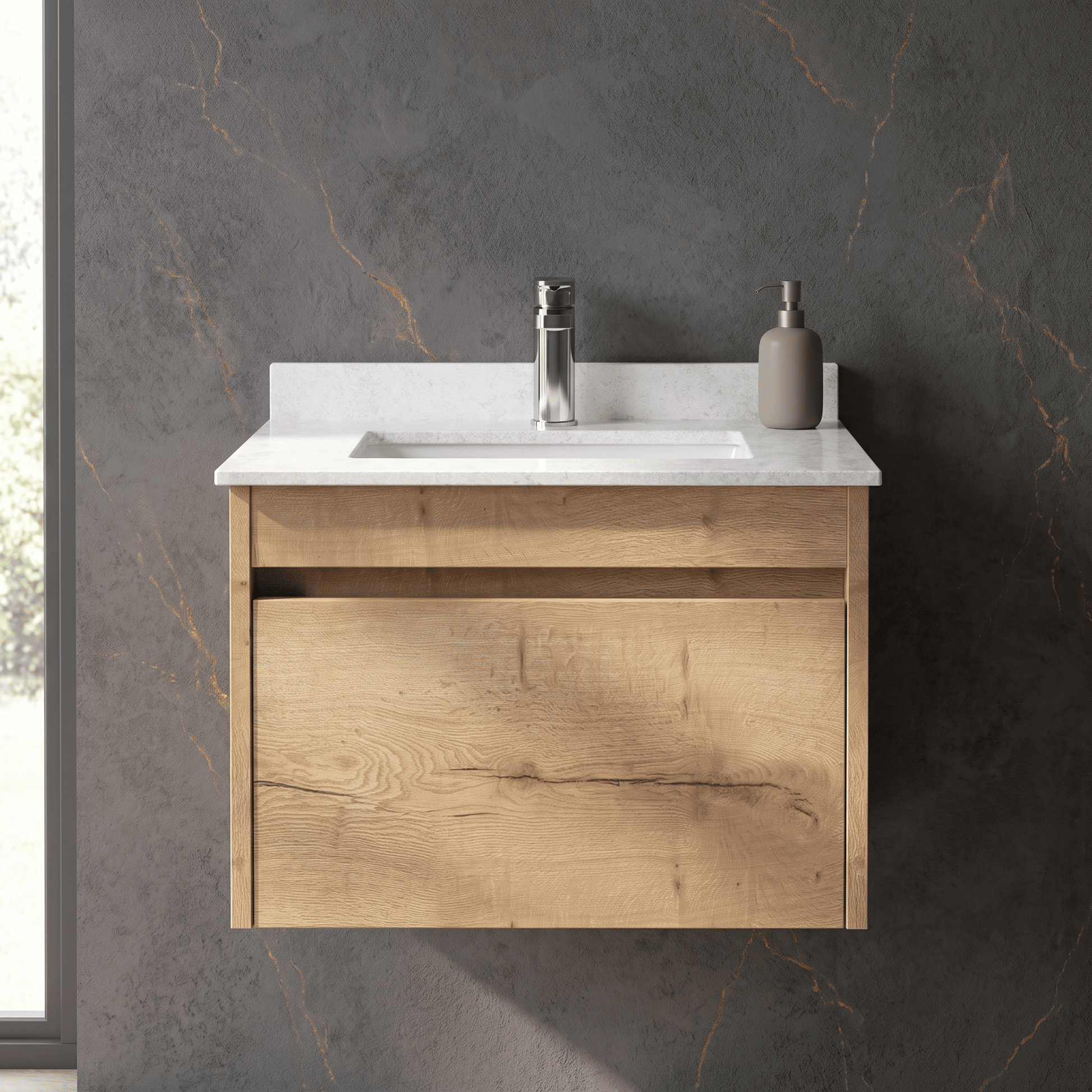 [BFLW1894WS1] Swainsley Contemporary Wall Hung 1 Drawer Vanity Unit with Marble Top with Basin - Choice of Size and Colour - Silo