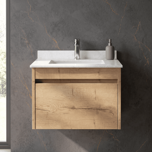 [BFLW1894WS1] Swainsley Contemporary Wall Hung 1 Drawer Vanity Unit with Marble Top with Basin - Choice of Size and Colour - Silo