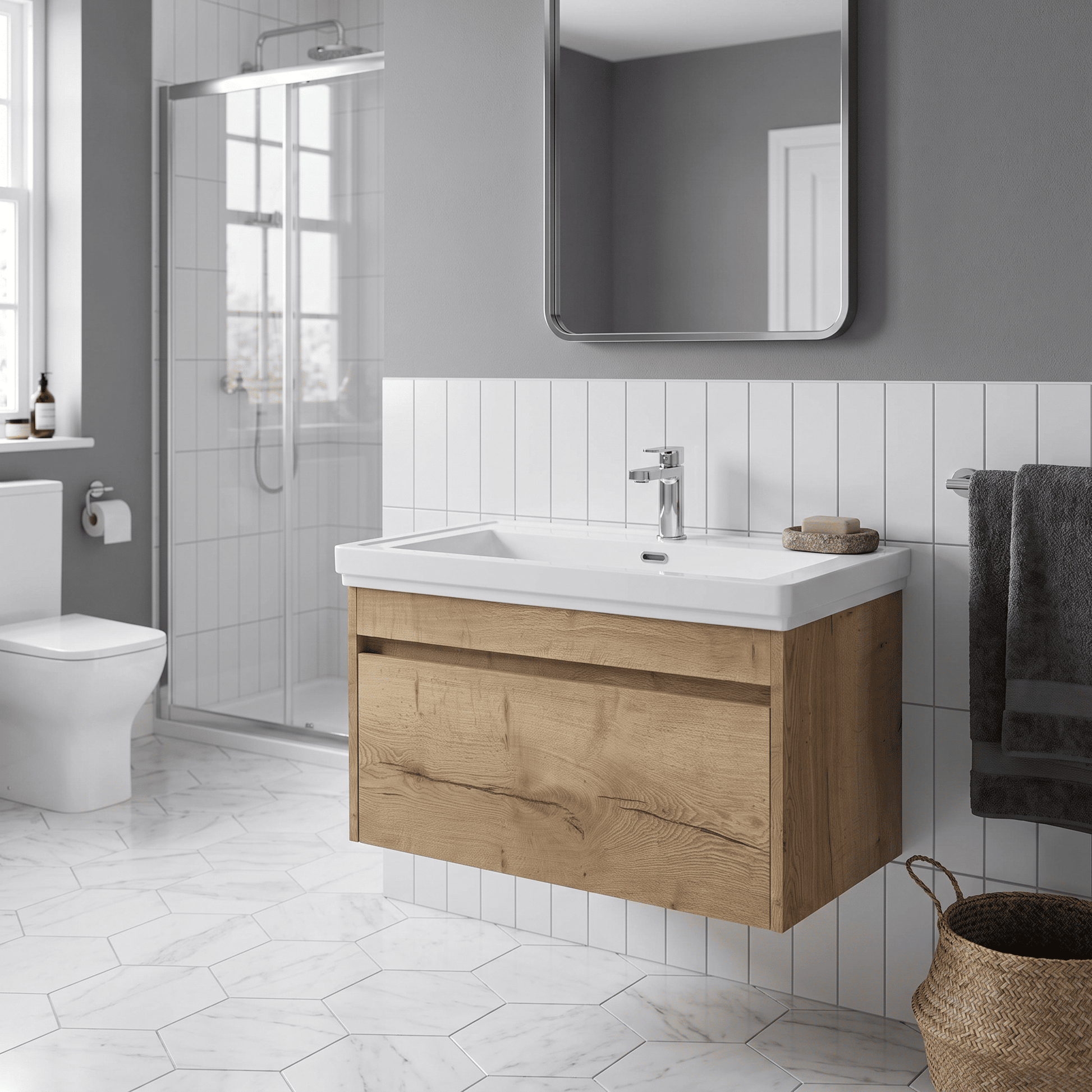 [BFLW1896A] Swainsley Contemporary Wall Hung 1 Drawer Vanity Unit with Traditional 1 Tap Hole Fireclay Basin - Choice of Size and Colour - Lifestyle 3
