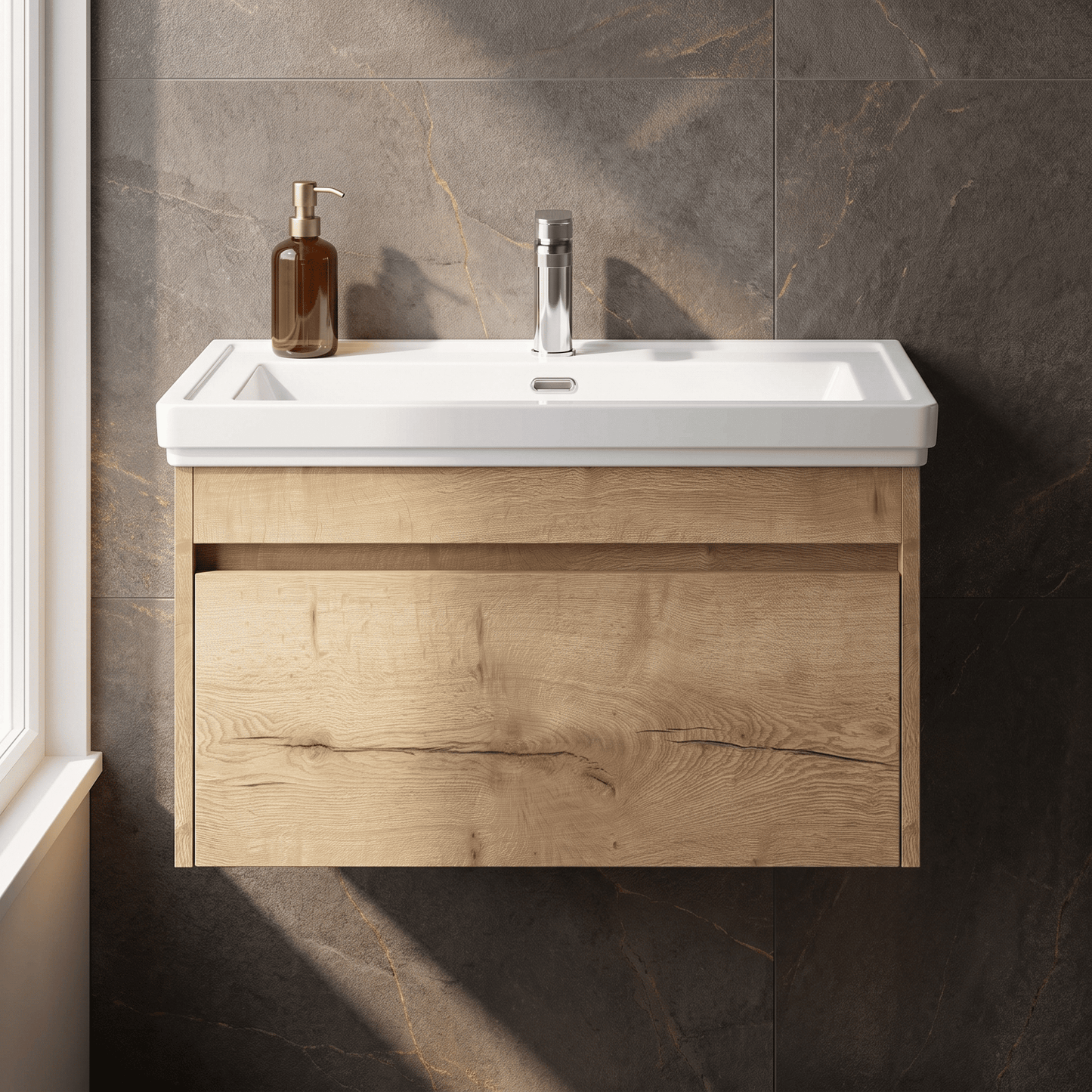 [BFLW1896A] Swainsley Contemporary Wall Hung 1 Drawer Vanity Unit with Traditional 1 Tap Hole Fireclay Basin - Choice of Size and Colour - Silo