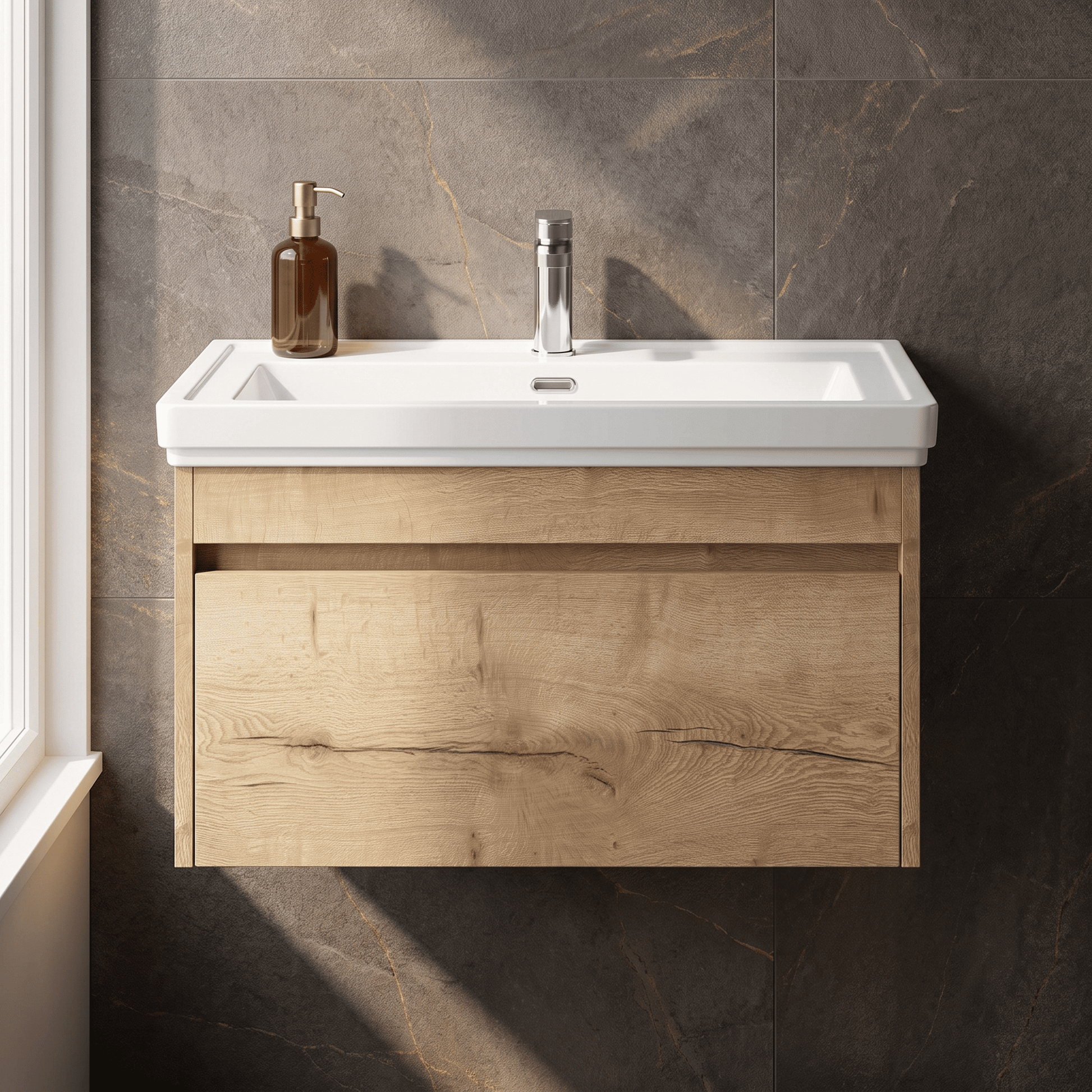 [BFLW1896A] Swainsley Contemporary Wall Hung 1 Drawer Vanity Unit with Traditional 1 Tap Hole Fireclay Basin - Choice of Size and Colour - Silo