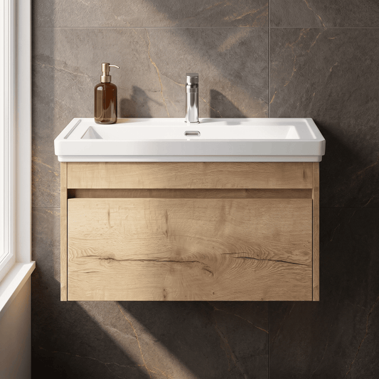 [BFLW1896A] Swainsley Contemporary Wall Hung 1 Drawer Vanity Unit with Traditional 1 Tap Hole Fireclay Basin - Choice of Size and Colour - Silo