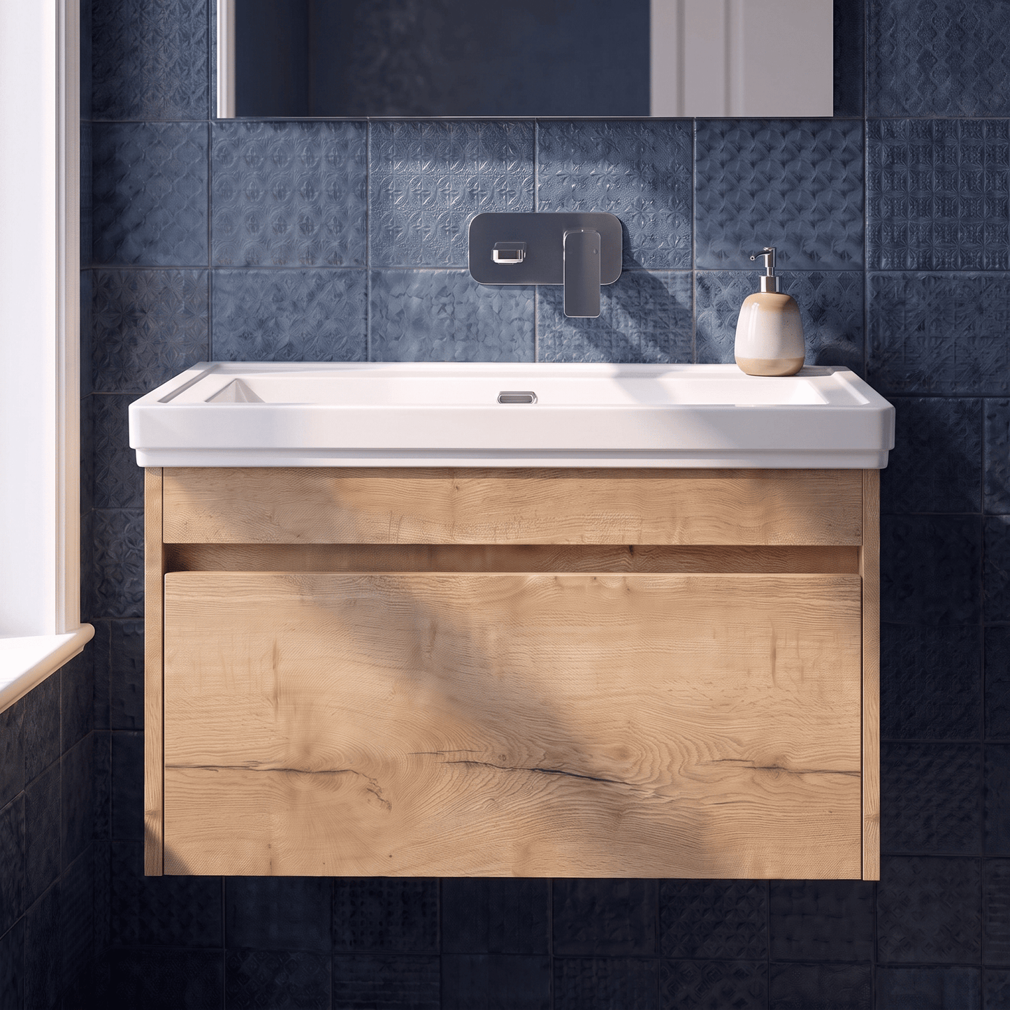 [BFLW1896H] Swainsley Contemporary Wall Hung 1 Drawer Vanity Unit with Traditional 0 Tap Hole Fireclay Basin - Choice of Size and Colour - Silo