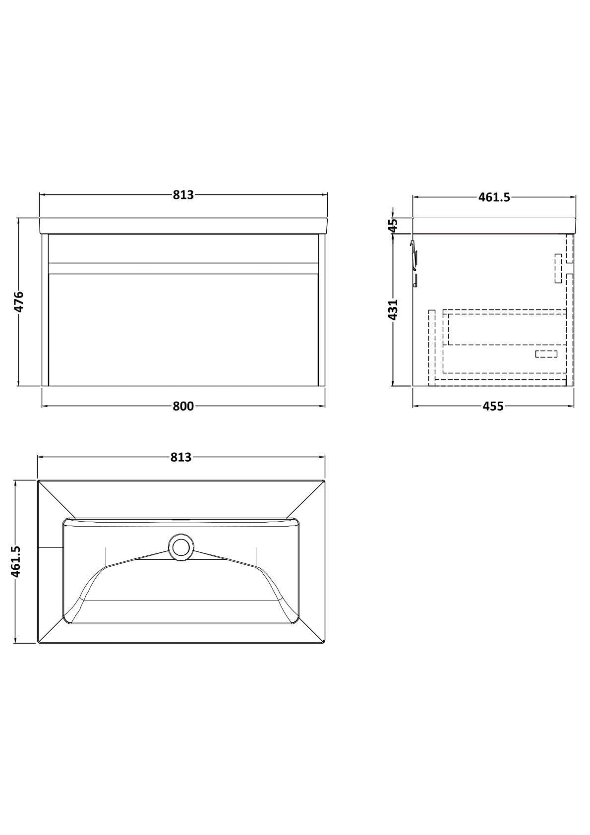 [BFLW1896K] Swainsley Contemporary Wall Hung 1 Drawer Vanity Unit with 0 Tap Hole Fireclay Basin - Choice of Size and Colour - Technical Drawing