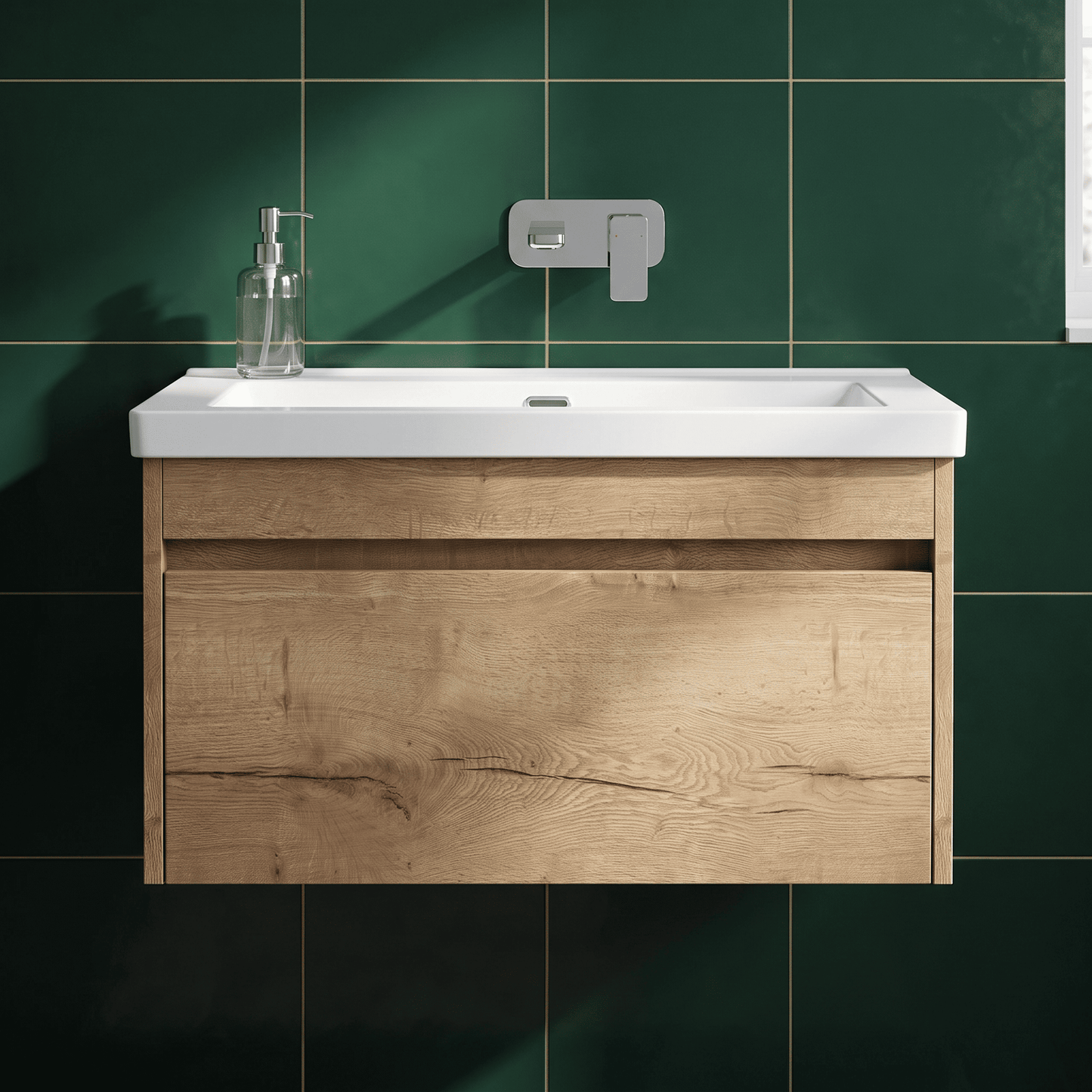[BFLW1896K] Swainsley Contemporary Wall Hung 1 Drawer Vanity Unit with 0 Tap Hole Fireclay Basin - Choice of Size and Colour - Silo