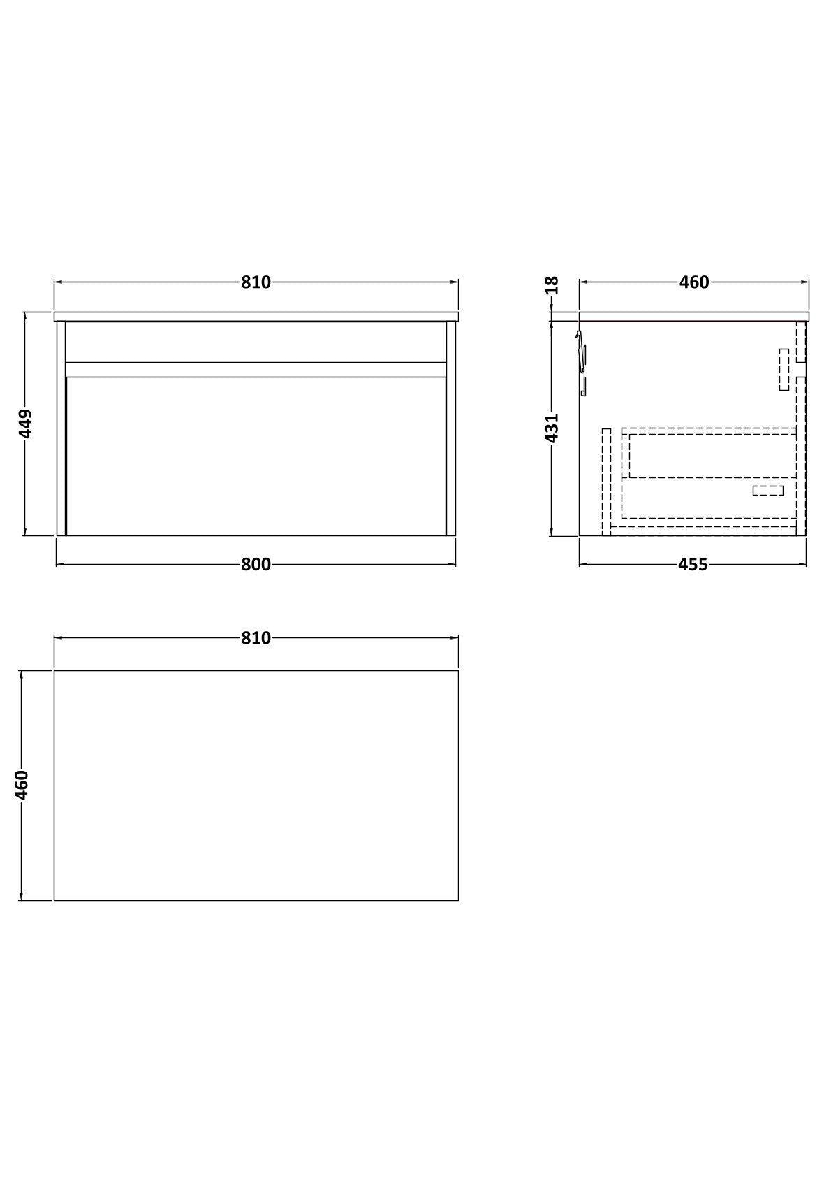 [BFLW1896WMT] Swainsley Contemporary Wall Hung 1 Drawer Vanity Unit with White Marble Top - Choice of Size and Colour - Technical Drawing