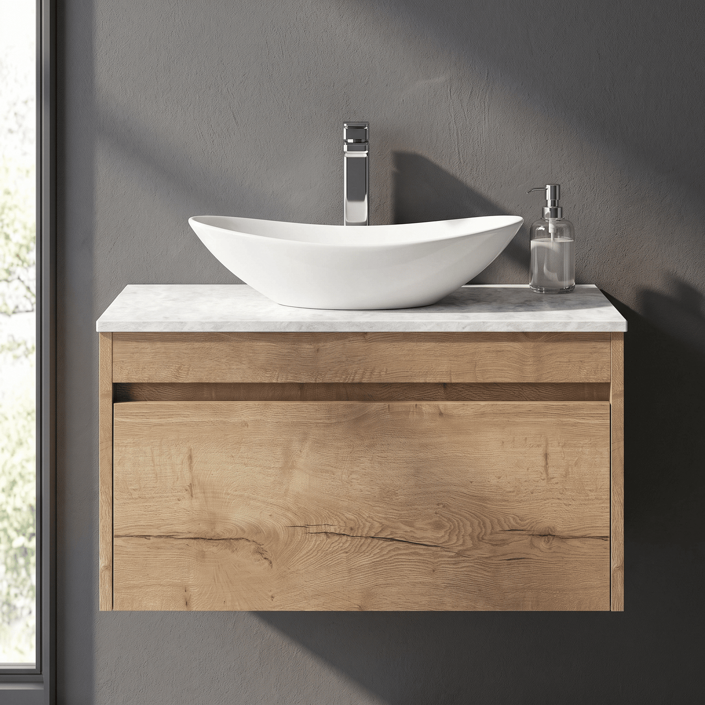 [BFLW1896WMT] Swainsley Contemporary Wall Hung 1 Drawer Vanity Unit with White Marble Top - Choice of Size and Colour - Silo