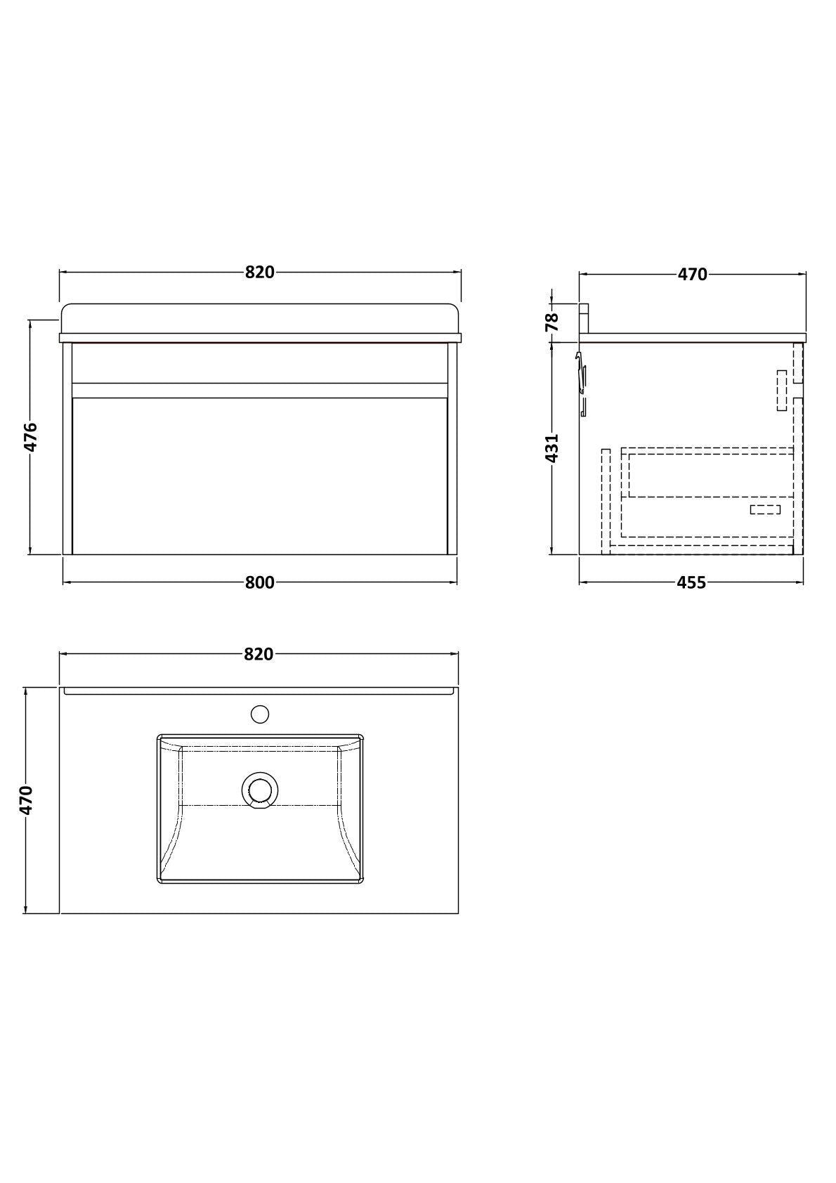 [BFLW1896WS1] Swainsley Contemporary Wall Hung 1 Drawer Vanity Unit with Marble Top with Basin - Choice of Size and Colour - Technical Drawing