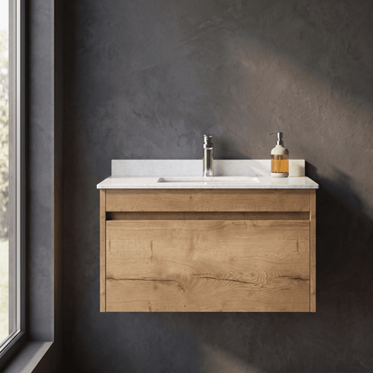 [BFLW1896WS1] Swainsley Contemporary Wall Hung 1 Drawer Vanity Unit with Marble Top with Basin - Choice of Size and Colour - Silo