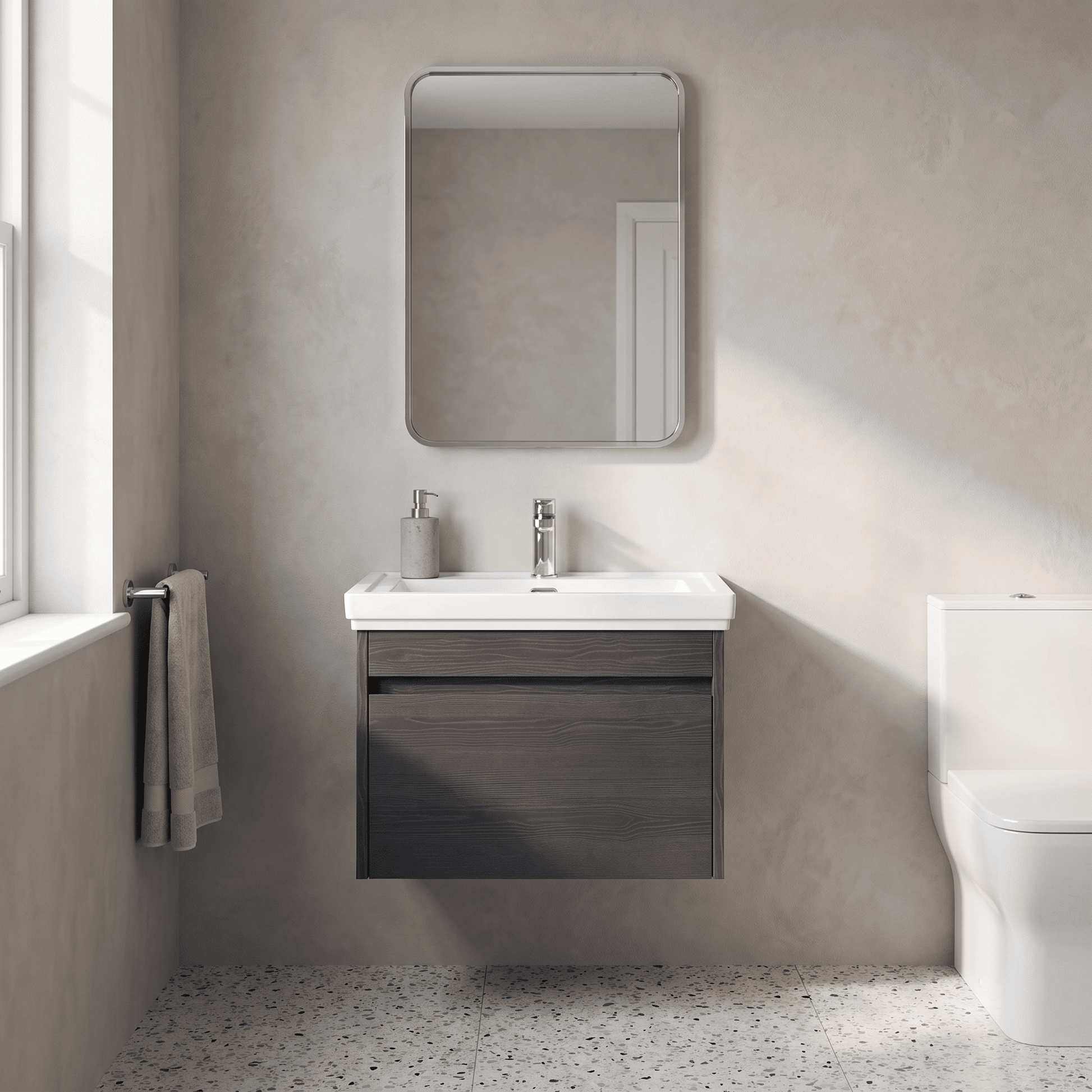 [BFLW2294A] Swainsley Contemporary Wall Hung 1 Drawer Vanity Unit with Traditional 1 Tap Hole Fireclay Basin - Choice of Size and Colour - Lifestyle 1
