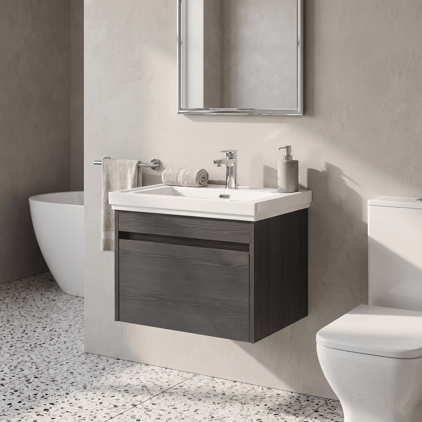 [BFLW2294A] Swainsley Contemporary Wall Hung 1 Drawer Vanity Unit with Traditional 1 Tap Hole Fireclay Basin - Choice of Size and Colour - Lifestyle 2