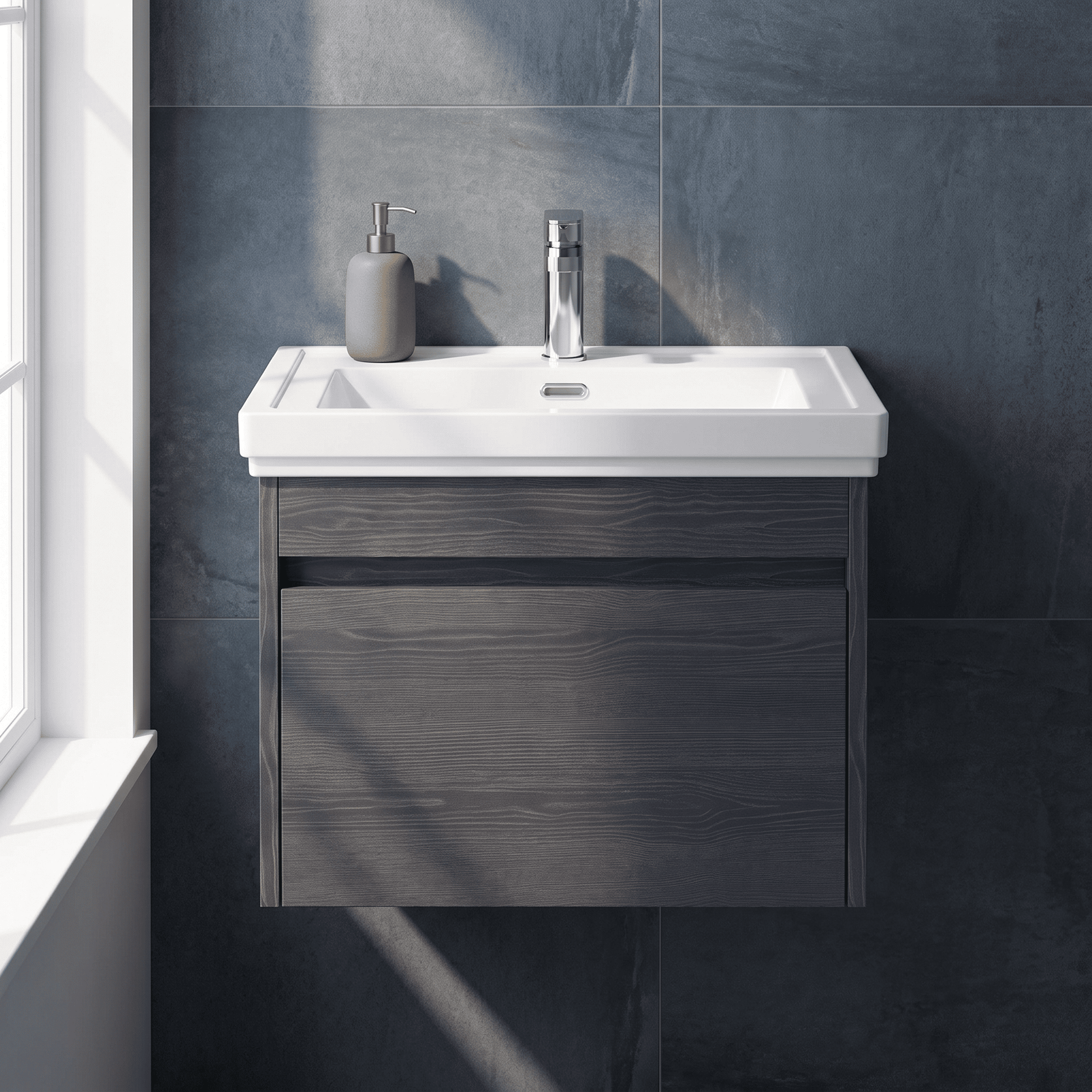 [BFLW2294A] Swainsley Contemporary Wall Hung 1 Drawer Vanity Unit with Traditional 1 Tap Hole Fireclay Basin - Choice of Size and Colour - Silo