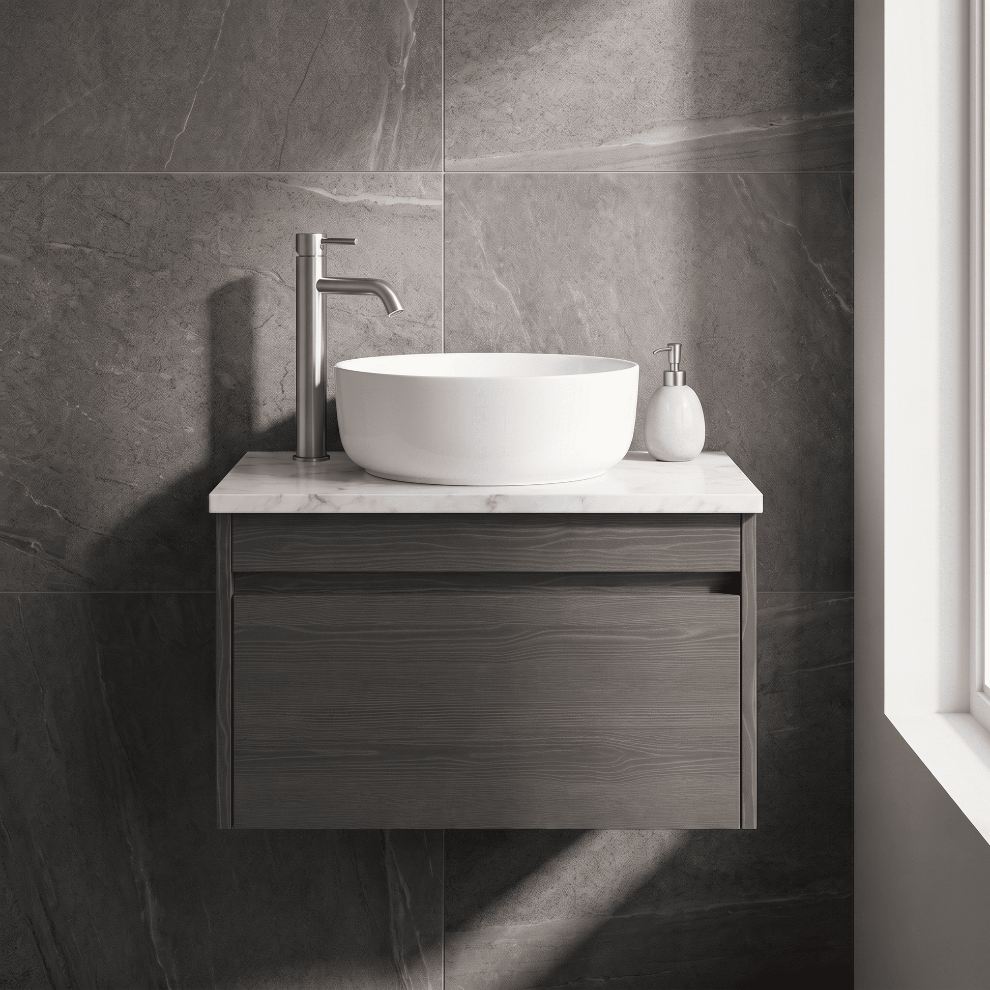 [BFLW2294WMT] Swainsley Contemporary Wall Hung 1 Drawer Vanity Unit with White Marble Top - Choice of Size and Colour - Silo