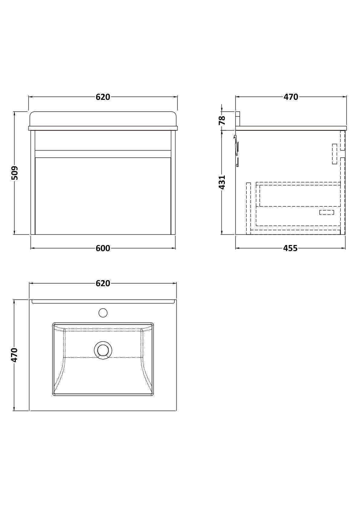 [BFLW2294WS1] Swainsley Contemporary Wall Hung 1 Drawer Vanity Unit with Marble Top with Basin - Choice of Size and Colour - Technical Drawing