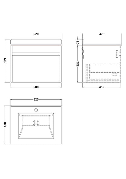 [BFLW2294WS1] Swainsley Contemporary Wall Hung 1 Drawer Vanity Unit with Marble Top with Basin - Choice of Size and Colour - Technical Drawing