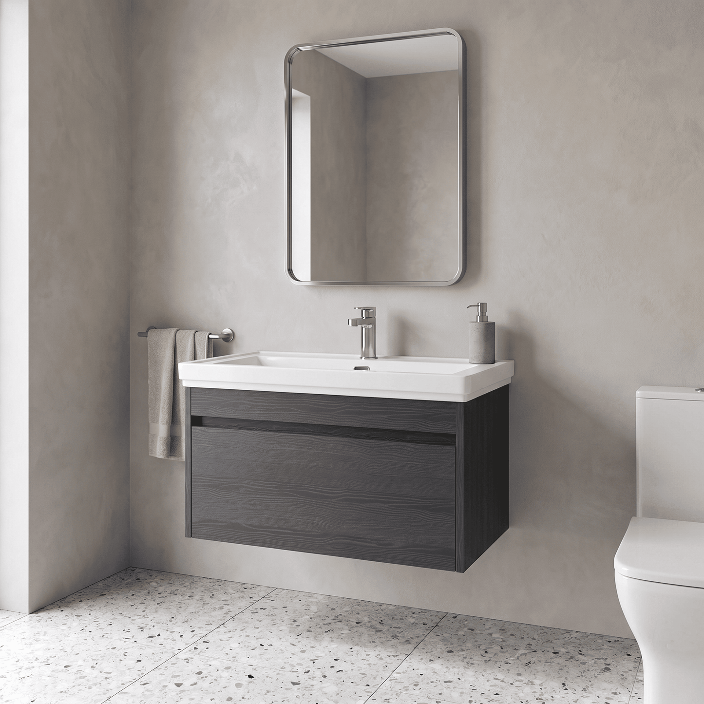 [BFLW2296A] Swainsley Contemporary Wall Hung 1 Drawer Vanity Unit with Traditional 1 Tap Hole Fireclay Basin - Choice of Size and Colour - Lifestyle 1