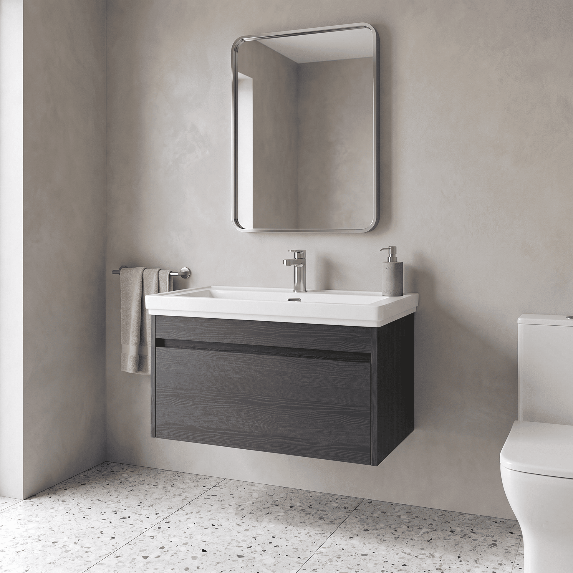 [BFLW2296A] Swainsley Contemporary Wall Hung 1 Drawer Vanity Unit with Traditional 1 Tap Hole Fireclay Basin - Choice of Size and Colour - Lifestyle 1