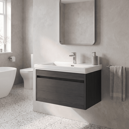 [BFLW2296A] Swainsley Contemporary Wall Hung 1 Drawer Vanity Unit with Traditional 1 Tap Hole Fireclay Basin - Choice of Size and Colour - Lifestyle 2