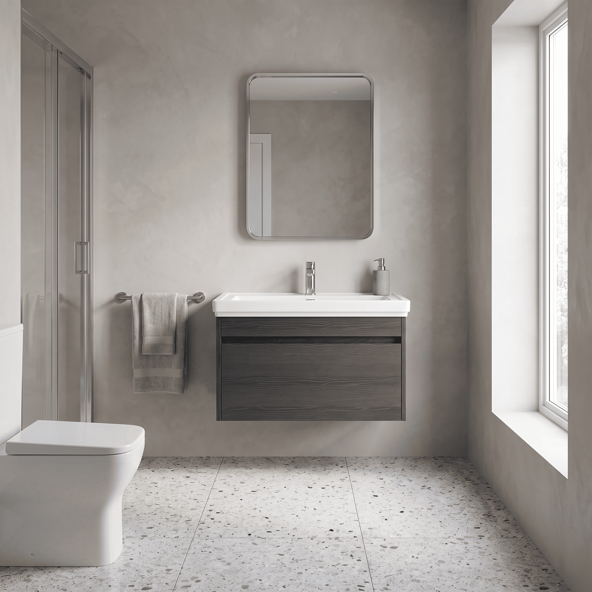 [BFLW2296A] Swainsley Contemporary Wall Hung 1 Drawer Vanity Unit with Traditional 1 Tap Hole Fireclay Basin - Choice of Size and Colour - Lifestyle 3
