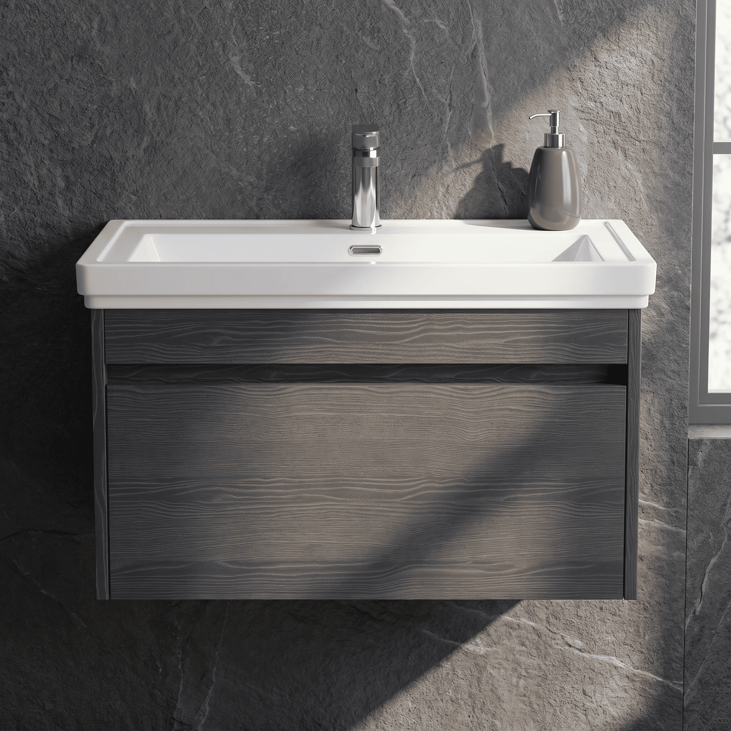 [BFLW2296A] Swainsley Contemporary Wall Hung 1 Drawer Vanity Unit with Traditional 1 Tap Hole Fireclay Basin - Choice of Size and Colour - Silo
